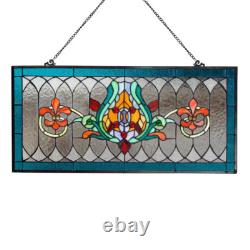 Blue Fleur De Lis Stained Glass Pub Window Panel Horizontal Decorative Accessory