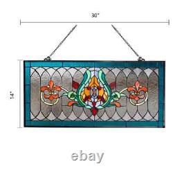 Blue Fleur De Lis Stained Glass Pub Window Panel Horizontal Decorative Accessory