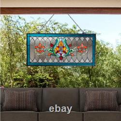Blue Fleur De Lis Stained Glass Pub Window Panel Horizontal Decorative Accessory