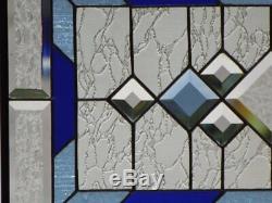 Blue Focus Beveled Stained Glass Window Panel 33 3/8 x 14 1/2