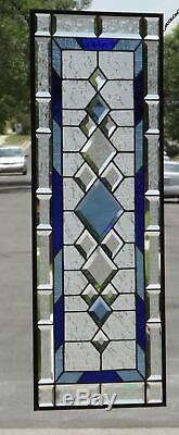 Blue Focus Beveled Stained Glass Window Panel 33 3/8 x 14 1/2