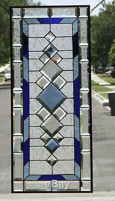 Blue Focus Beveled Stained Glass Window Panel 33 3/8 x 14 1/2