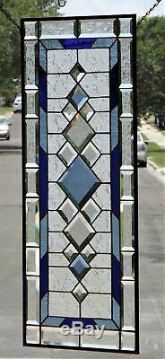 Blue Focus Beveled Stained Glass Window Panel 33 3/8 x 14 1/2