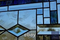Blue Green Purple Stained Glass Panel. Modern Beveled Window Art, Contemporary