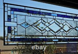 Blue Green Purple Stained Glass Panel. Modern Beveled Window Art, Contemporary
