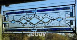 Blue Green Purple Stained Glass Panel. Modern Beveled Window Art, Contemporary