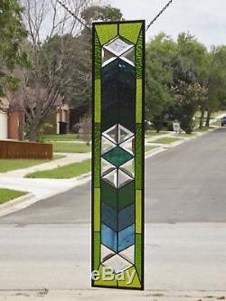 Blue -Green Transom /Sidelight Beveled Stained Glass Window Panel 36x8