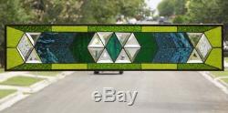 Blue -Green Transom /Sidelight Beveled Stained Glass Window Panel 36x8