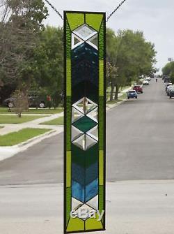 Blue -Green Transom /Sidelight Beveled Stained Glass Window Panel 36x8