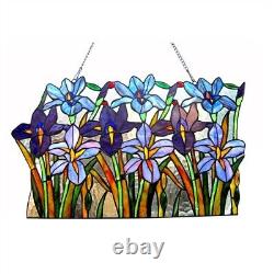 Blue Iris Floral Flower Design Stained Glass Tiffany Style Window Panel