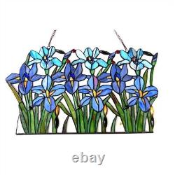 Blue Iris Floral Flower Design Stained Glass Tiffany Style Window Panel