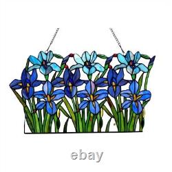 Blue Iris Floral Flower Design Stained Glass Tiffany Style Window Panel