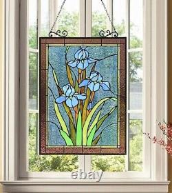 Blue Iris Flower Floral Stained Glass Tiffany Style Hanging Window Panel