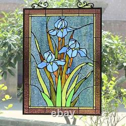 Blue Iris Flower Floral Stained Glass Tiffany Style Hanging Window Panel