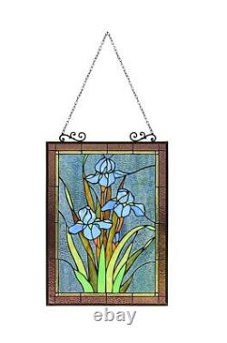 Blue Iris Flower Floral Stained Glass Tiffany Style Hanging Window Panel