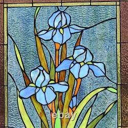Blue Iris Flower Floral Stained Glass Tiffany Style Hanging Window Panel