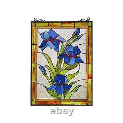 Blue Lilies Tiffany Style Stained Glass Suncatcher Window Panel 18x25in