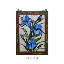 Blue Lilies Tiffany Style Stained Glass Suncatcher Window Panel 18x25in