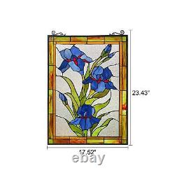 Blue Lilies Tiffany Style Stained Glass Suncatcher Window Panel 18x25in