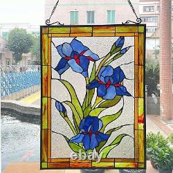 Blue Lilies Tiffany Style Stained Glass Suncatcher Window Panel 18x25in