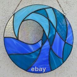 Blue Ocean Wave Round Stained Glass Panel 10 for Window Hanging or Wall Decor