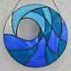 Blue Ocean Wave Round Stained Glass Panel 10 for Window Hanging or Wall Decor