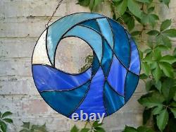 Blue Ocean Wave Round Stained Glass Panel 10 for Window Hanging or Wall Decor