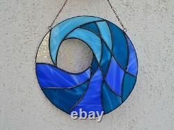 Blue Ocean Wave Round Stained Glass Panel 10 for Window Hanging or Wall Decor