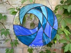 Blue Ocean Wave Round Stained Glass Panel 10 for Window Hanging or Wall Decor