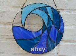 Blue Ocean Wave Round Stained Glass Panel 10 for Window Hanging or Wall Decor