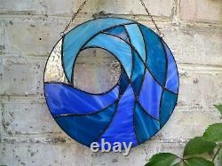 Blue Ocean Wave Round Stained Glass Panel 10 for Window Hanging or Wall Decor