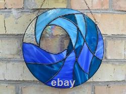 Blue Ocean Wave Round Stained Glass Panel 10 for Window Hanging or Wall Decor