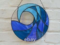 Blue Ocean Wave Round Stained Glass Panel 10 for Window Hanging or Wall Decor