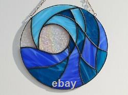 Blue Ocean Wave Round Stained Glass Panel 10 for Window Hanging or Wall Decor