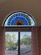 Blue Peacock Stained Glass Window Panel Handcrafted Half Circle Arch 35W x 18H
