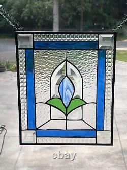 Blue Stained Glass Floral with Bevels Window panel