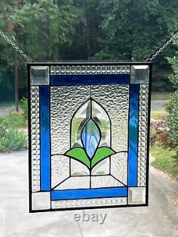 Blue Stained Glass Floral with Bevels Window panel