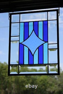 Blue Star Beveled border Stained glass Window Panel 13.5x10.5