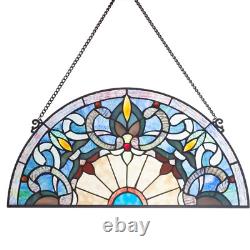 Blue Victorian Corista Half-Moon Stained Glass Window Panel