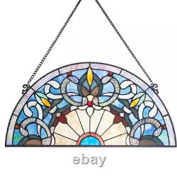 Blue Victorian Corista Half-Moon Stained Glass Window Panel