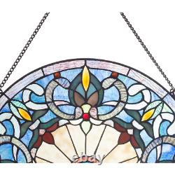 Blue Victorian Corista Half-Moon Stained Glass Window Panel