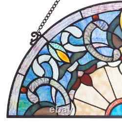 Blue Victorian Corista Half-Moon Stained Glass Window Panel