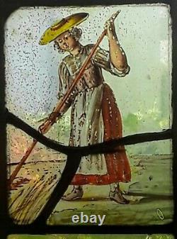 CHARMING 17th C. FLEMISH STAINED GLASS WINDOW PANELS A COUPLE IN FIELDS