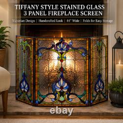 CHLOE Tiffany Style Stained Glass Fireplace Screen Victorian 3 Panel Folding 44