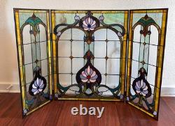 CHLOE Tiffany Style Stained Glass Fireplace Screen Victorian 3 Panel Folding 44