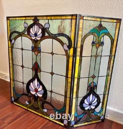 CHLOE Tiffany Style Stained Glass Fireplace Screen Victorian 3 Panel Folding 44