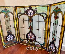 CHLOE Tiffany Style Stained Glass Fireplace Screen Victorian 3 Panel Folding 44