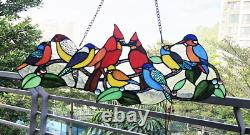 Cardinal Birds Tiffany Style Stained Glass Hanging Window Panel 27 Wide