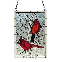 Cardinals Songbird Stained Glass Window Panel Vintage Tiffany Style 12x18in