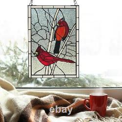 Cardinals Songbird Stained Glass Window Panel Vintage Tiffany Style 12x18in